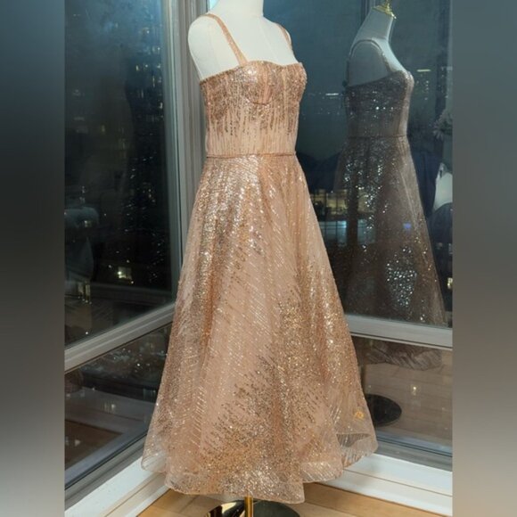 🆕 BRONX & BANCO 🧿 NWOT Mademoiselle Gold Sequin Midi Dress , Size M US 6 - Picture 6 of 16